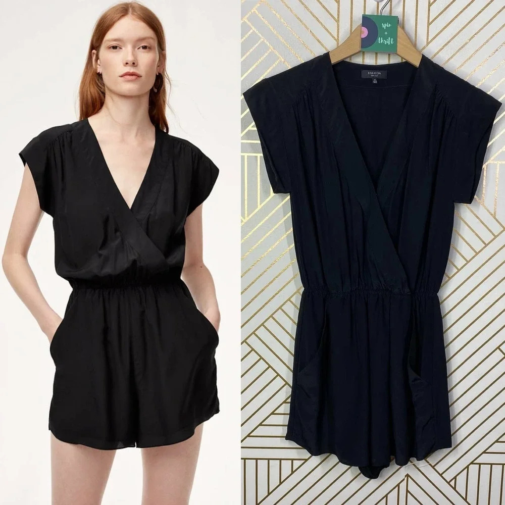 Aritzia Babaton Corbett Romper Relaxed Pure Silk Short Sleeve‎ Black Size XS